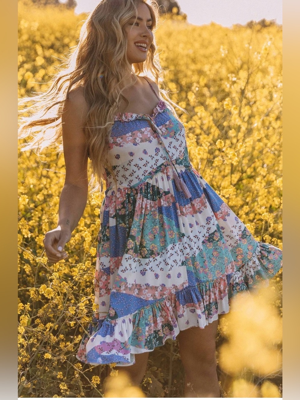 NWOT Lovestitch Sammy Boho Patchwork Floral Mini Dress